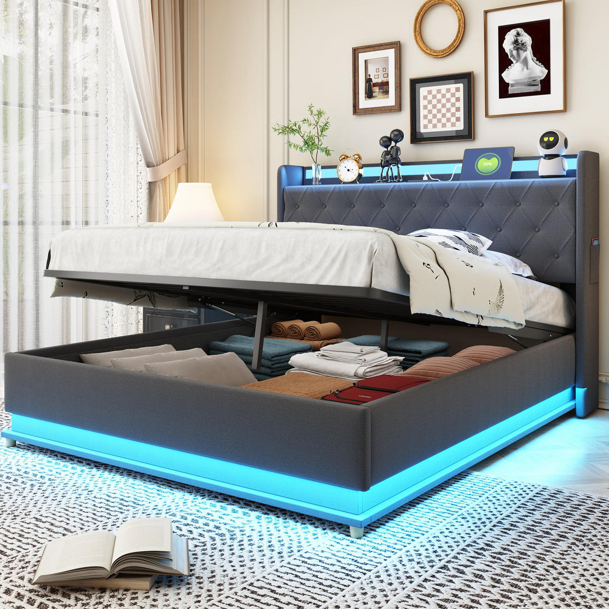 POLSTERBETT 140/200 cm Grau aus Stoff mit LED-Beleuchtung und Bettkasten - Grau, Textil (140/200cm) - OKMYHOME