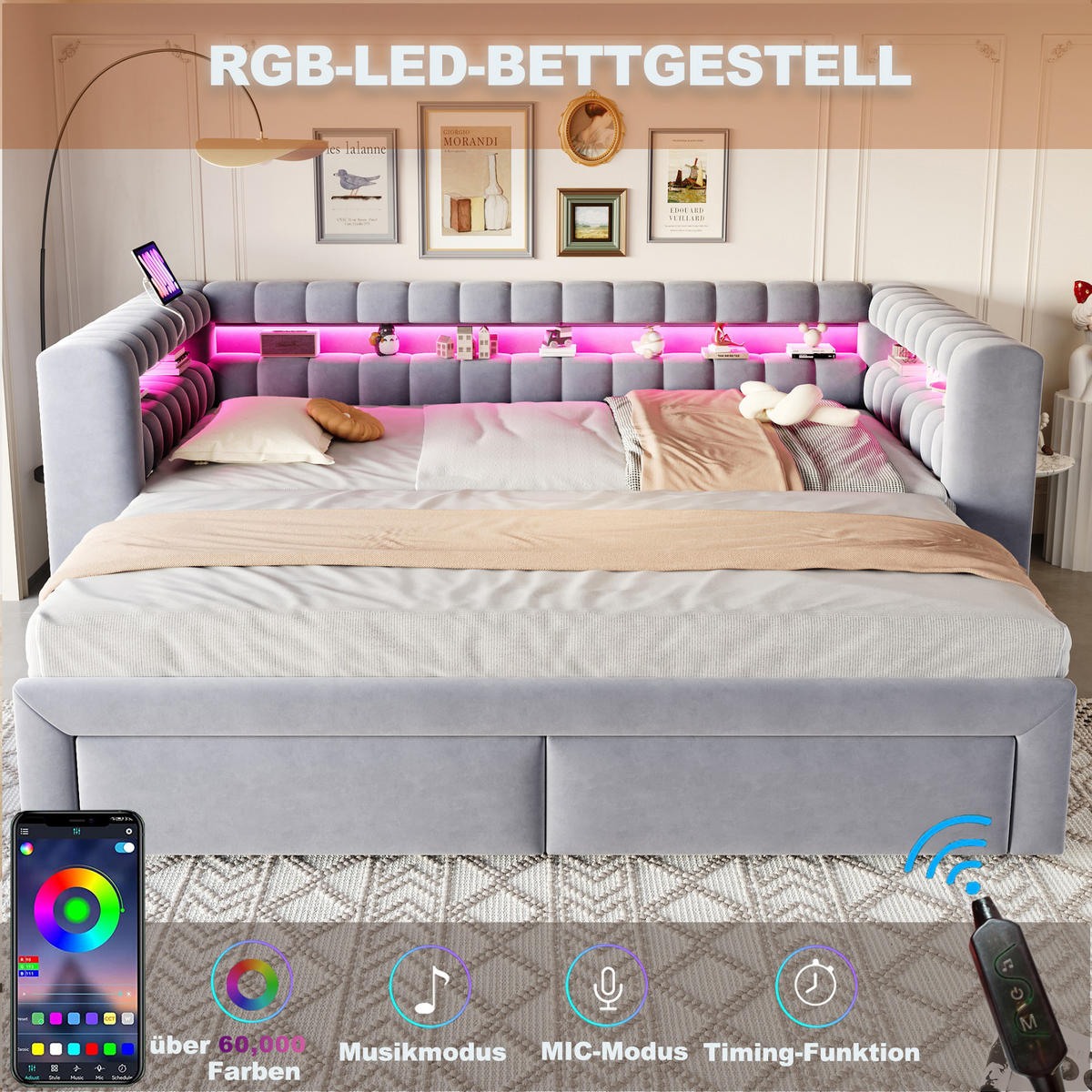 POLSTERBETT 90/180 × 190 cm mit LED, USB und Typ-C, Hellgrau - Hellgrau, Textil (180/190cm) - FLIEKS