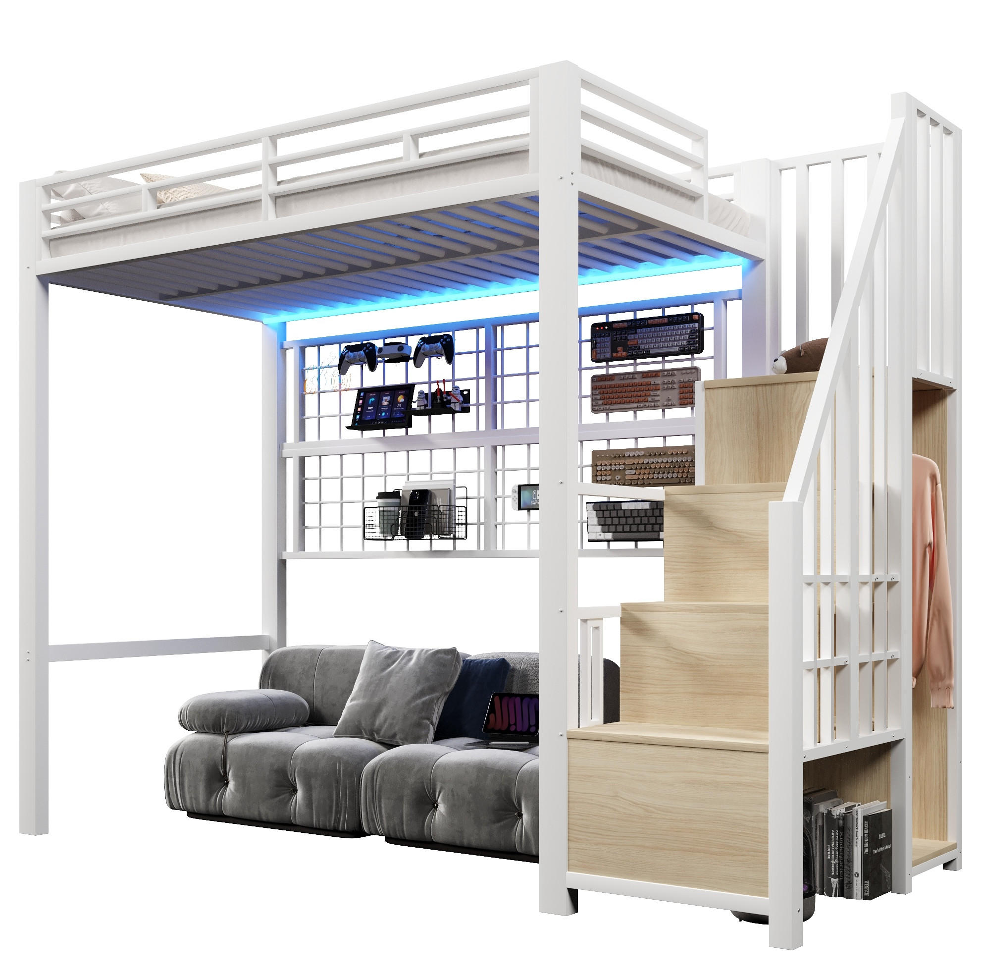 HOCHBETT 90/200 cm Weiß mit Stauraumleiter, Hängegitter und LED - Weiß, Metall (90/200cm) - MIVRAY