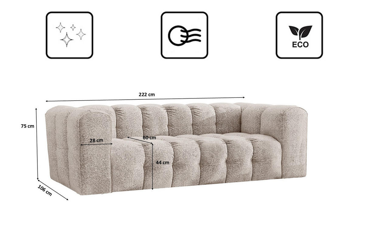 SOFA 3-Sitzer, Komfort, BALOO, Stoff Schenille & Bouclé, Ecru - Ecru, Holz (222/75/106cm) - Kaiser Möbel