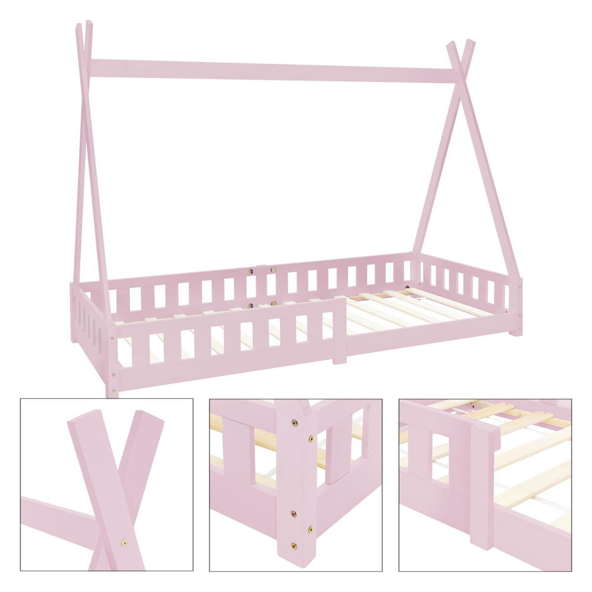 KINDERBETT Tipi mit Matratze 70x140 cm Rosa - Pink, Holz (90/200cm) - ML-DESIGN