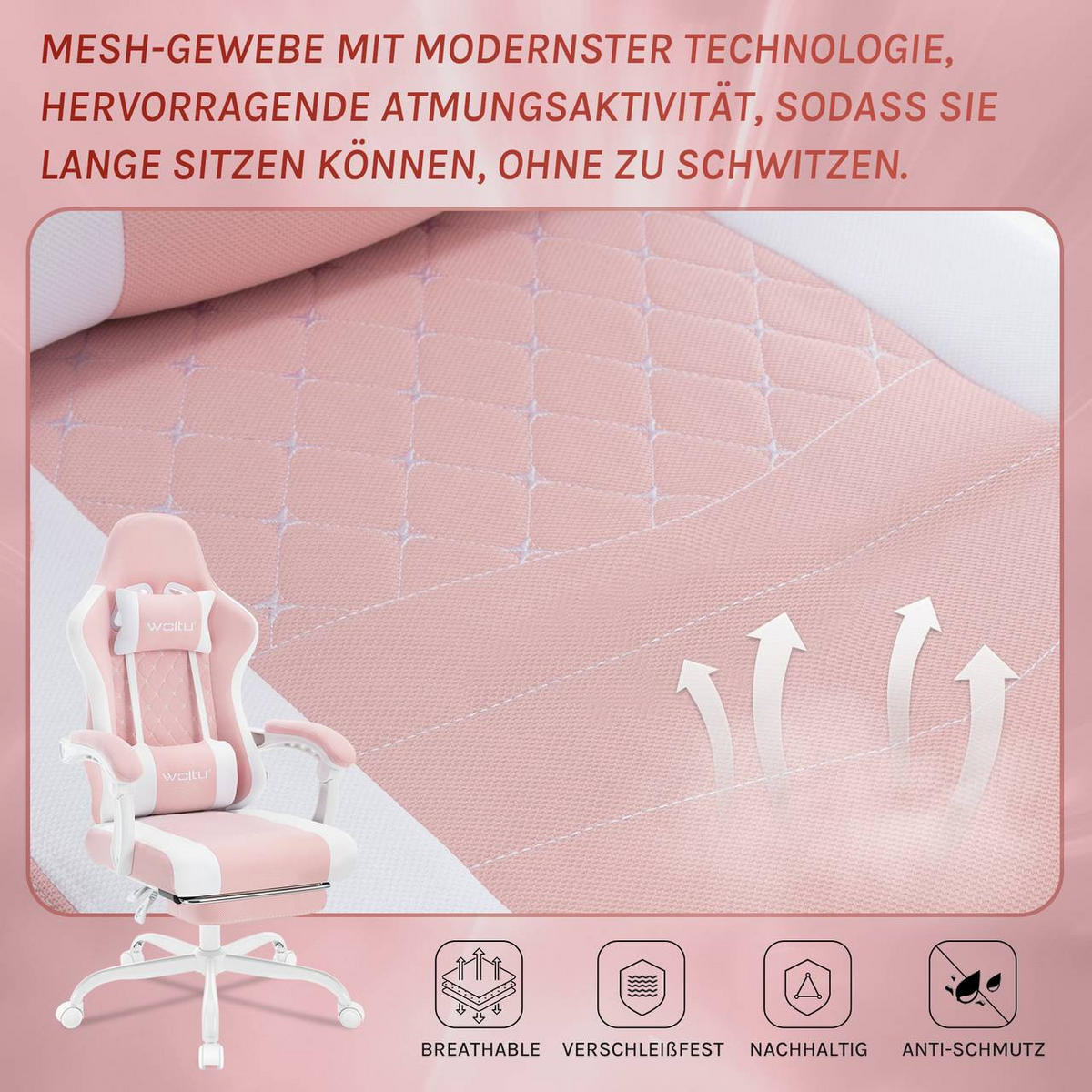 GAMINGSTUHL mit Massagefunktion, Netzstoff, Rosa+Weiß - Weiß/Rosa, Textil/Metall (70/127/70cm) - Woltu