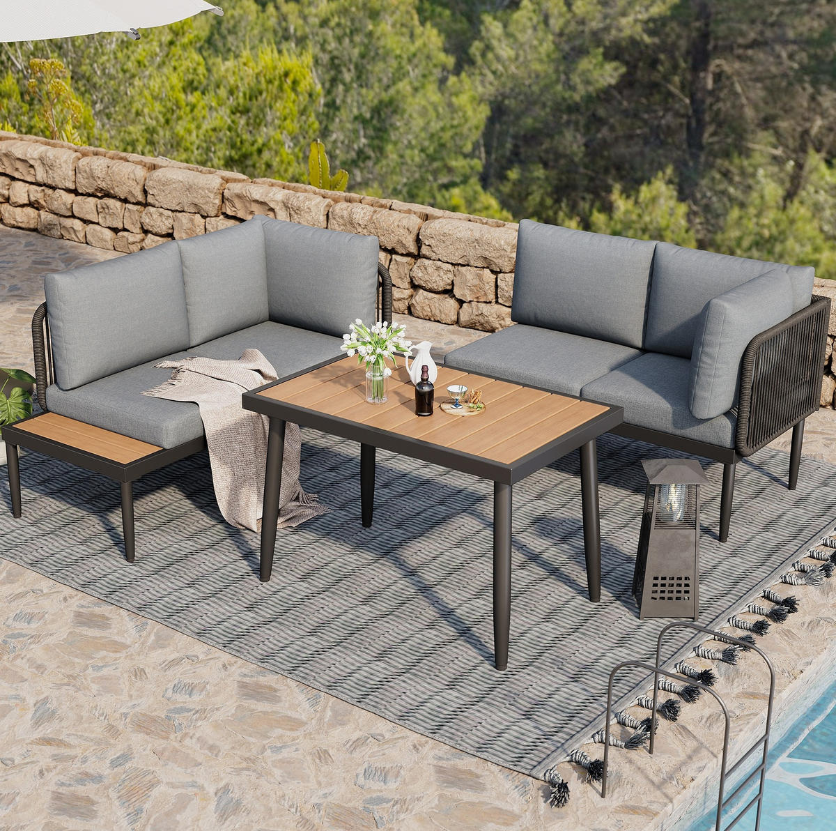 GARTEN-ESSGRUPPE mit Ecksofa, Esstisch, Olefin und handgeflochtener Seilbespannung, Grau - Grau, Metall - Redom