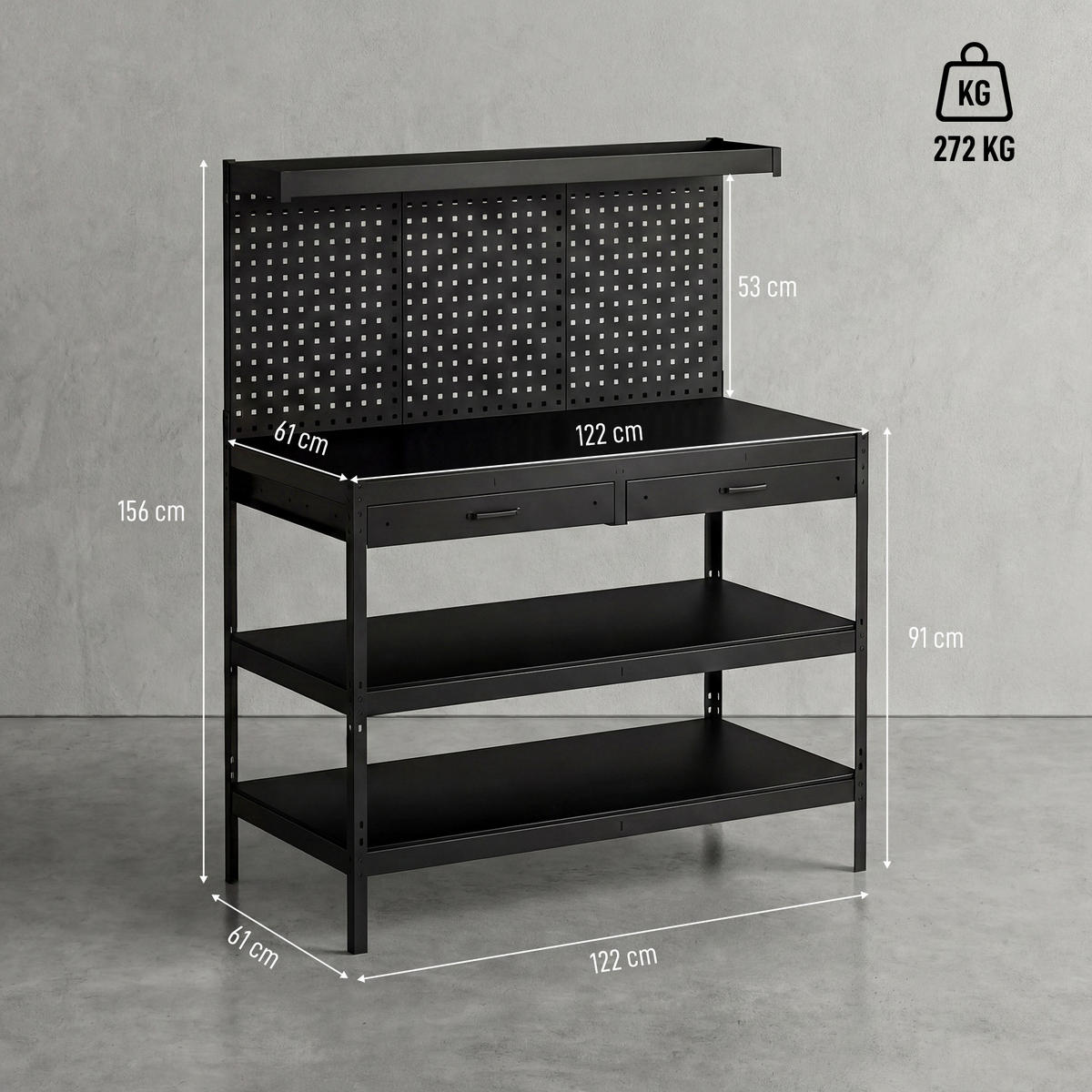WERKBANK Stahl MDF Schwarz - Schwarz, Metall (61/156/122cm) - HOMCOM