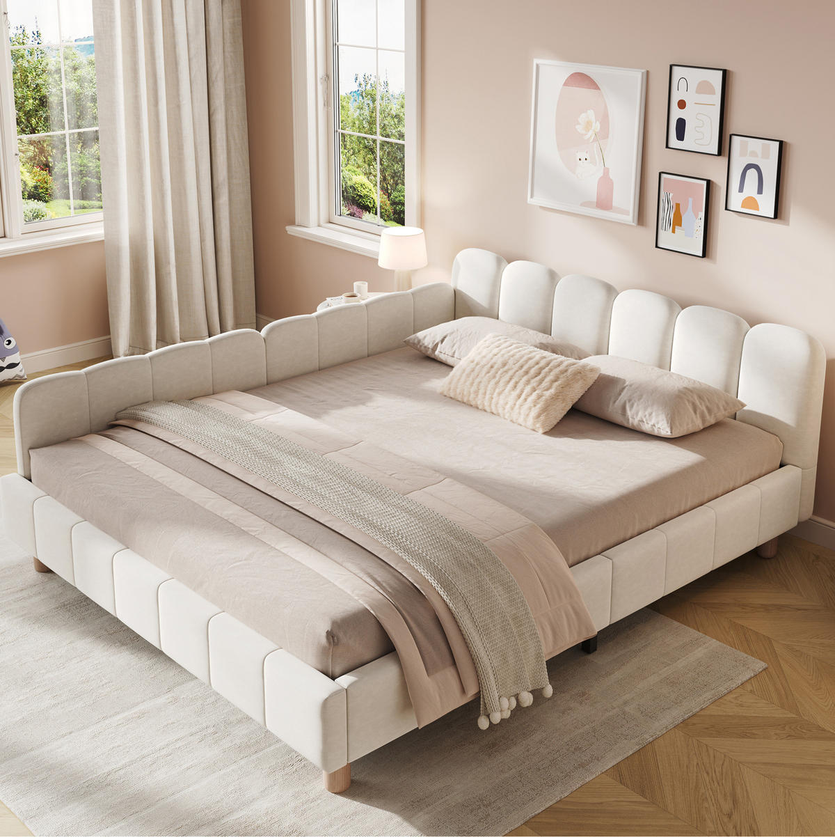 KINDERBETT 140/200 cm aus Samt mit gepolstertem Kopfteil, flexiblem Rausfallschutz und Taschen, Beige - Beige, Textil (140/200cm) - Redom