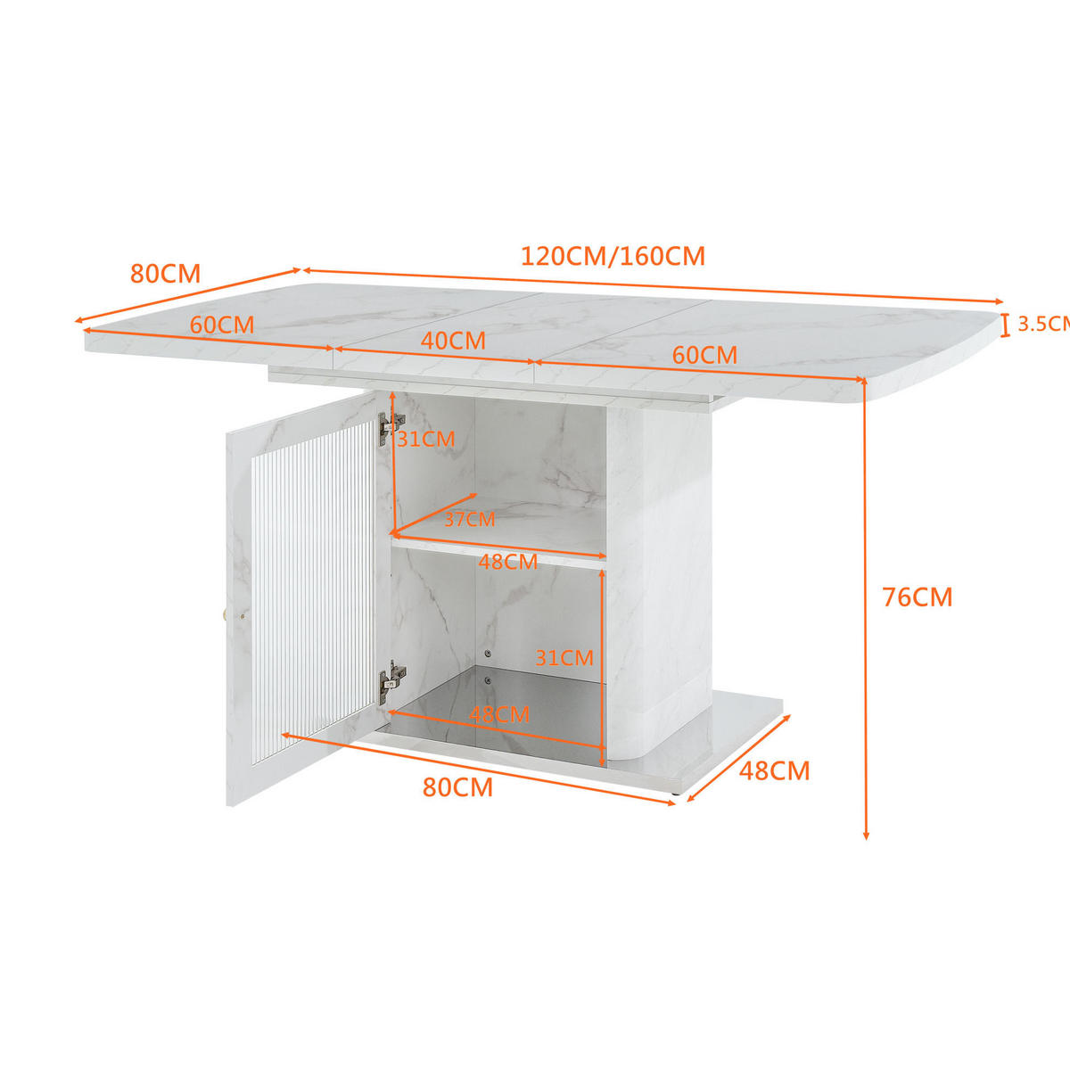 ESSTISCH 160/80/76 cm Weiß mit ausziehbarer Funktion und Stauraum - Weiß, Glas (160/80/76cm) - OKWISH