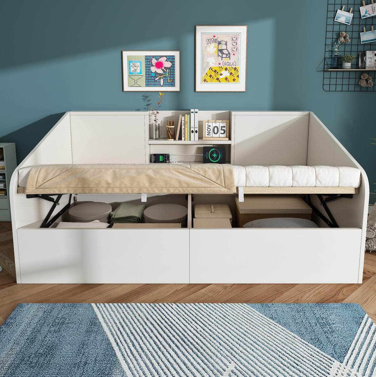 HOLZ-TAGESBETT 90/200 cm mit Bettkasten, USB/Type-C und Lattenrost - Weiß, Textil (90/200cm) - BEAOK