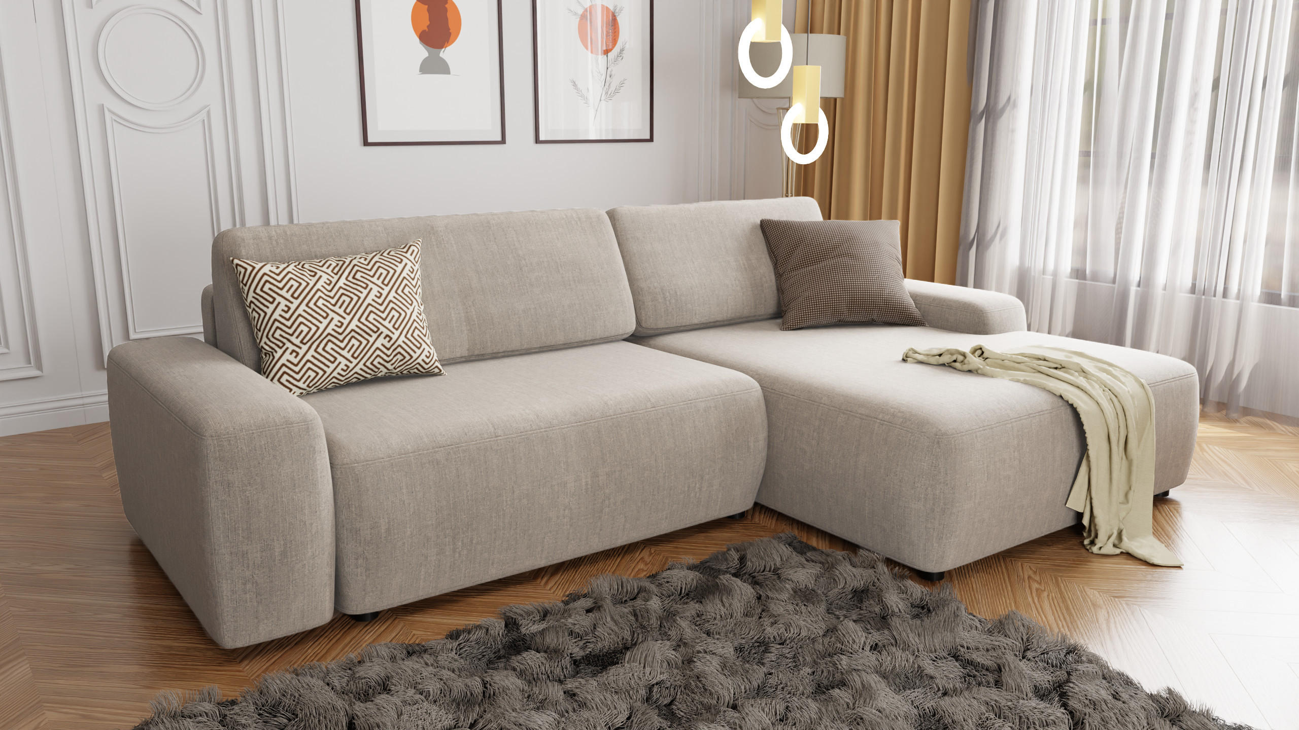 ECKSOFA Lopez Beige Samt-Stoff - Beige/Schwarz, Holz/Kunststoff (264/162cm) - S-Style Möbel