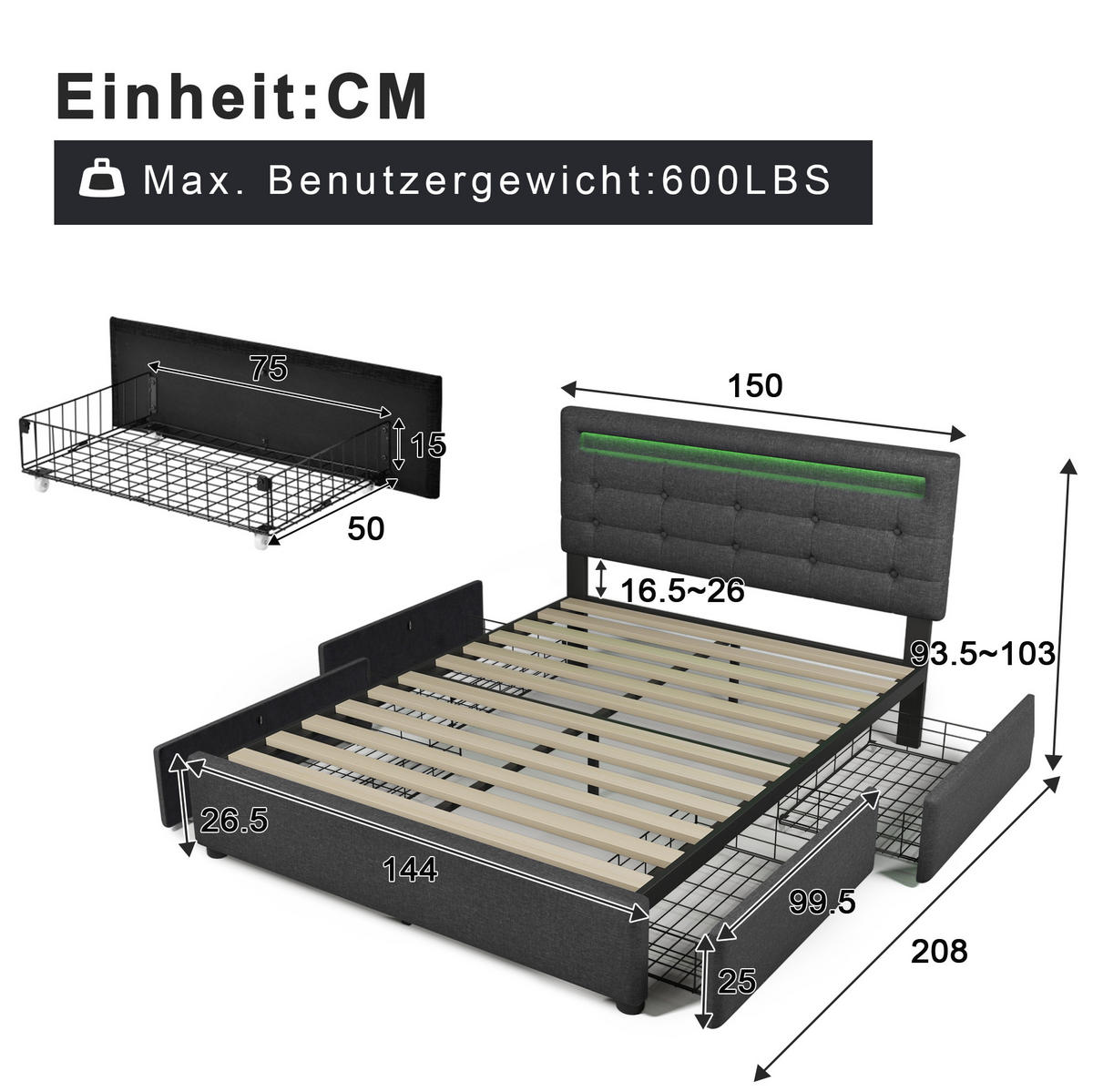 POLSTERBETT 140/200 cm Grau mit LED-Beleuchtung und 4 Schubladen - Grau, Textil (140/200cm) - Flora Grace