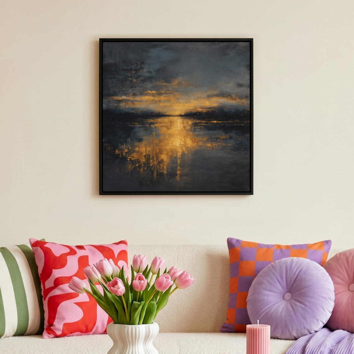 LEINWAND Bilder mit Rahmen - Goldene Reflexion auf dem Wasser - 50x50 - Anthrazit, Textil (50/50cm) - MuchoWow