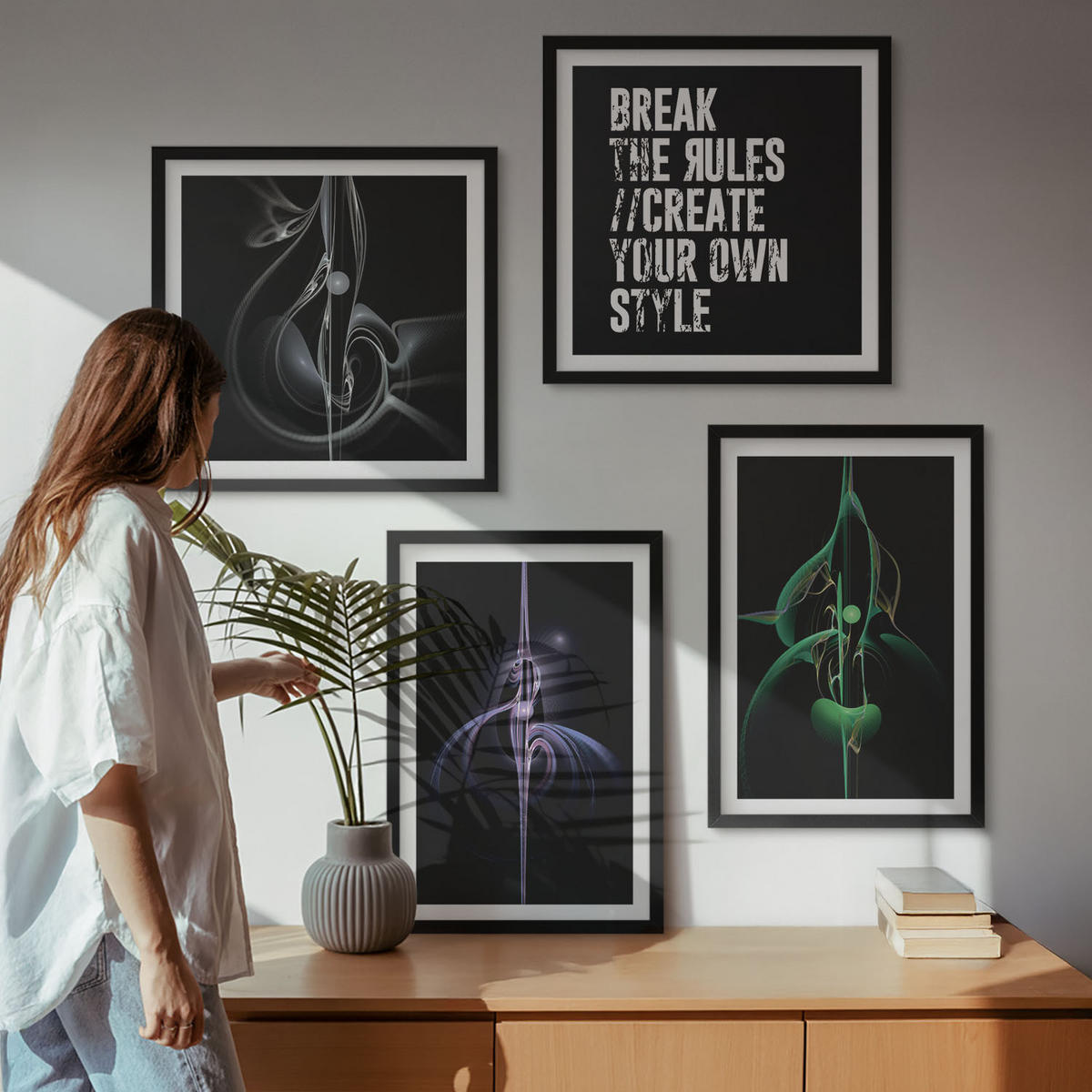 WANDBILDER 4er-Set - 50x50 cm & 40x60 cm Schwarzer Rahmen - Abstrakte schwarze Muster - Schwarz, Kunststoff (50/50cm) - ArtPrintCave