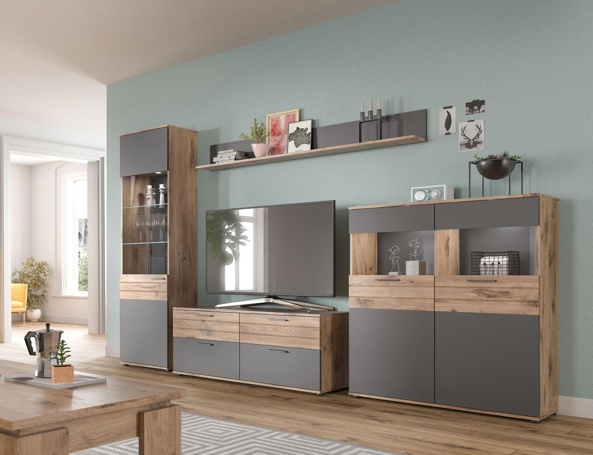 VITRINE MASON (B/H/T: ca. 110/122/37 cm) in Nox Oak Nachbildung/Basalt grau - Eichefarben, Holzwerkstoff (110/122/37cm)