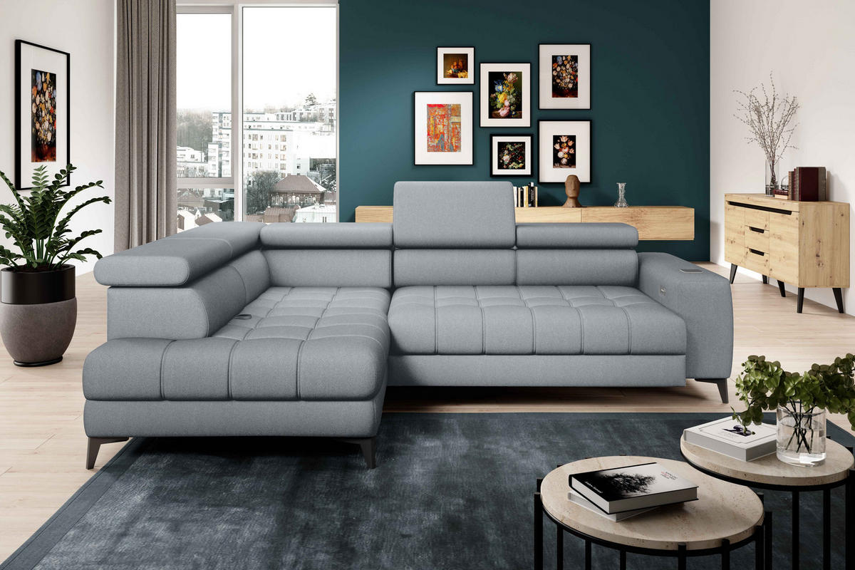 ECKSOFA BAGGIO Letto Stoff, Schlaffunktion, Bettkasten, Sitztiefe, Kopfstützen 280x196cm – Links – Hellgrau - Hellgrau, Holz/Textil (196/280cm) - DomoHome