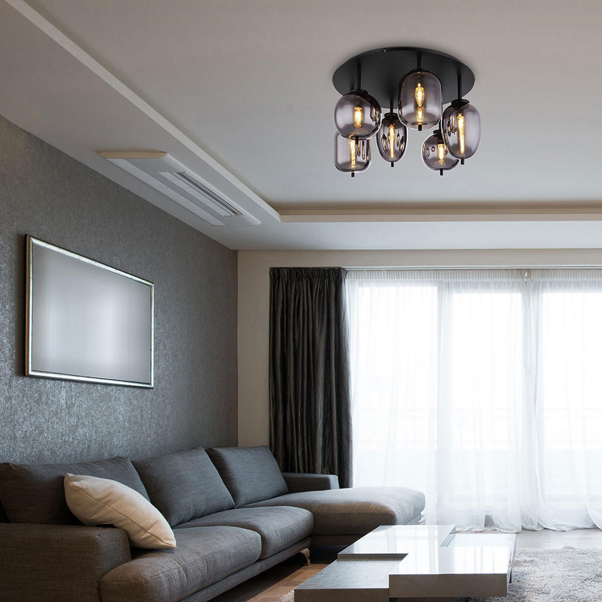 DECKENLEUCHTE Metall Glas Schwarz Messing 6 Flammig - Schwarz, Glas (65/65/38cm) - Globo Lighting