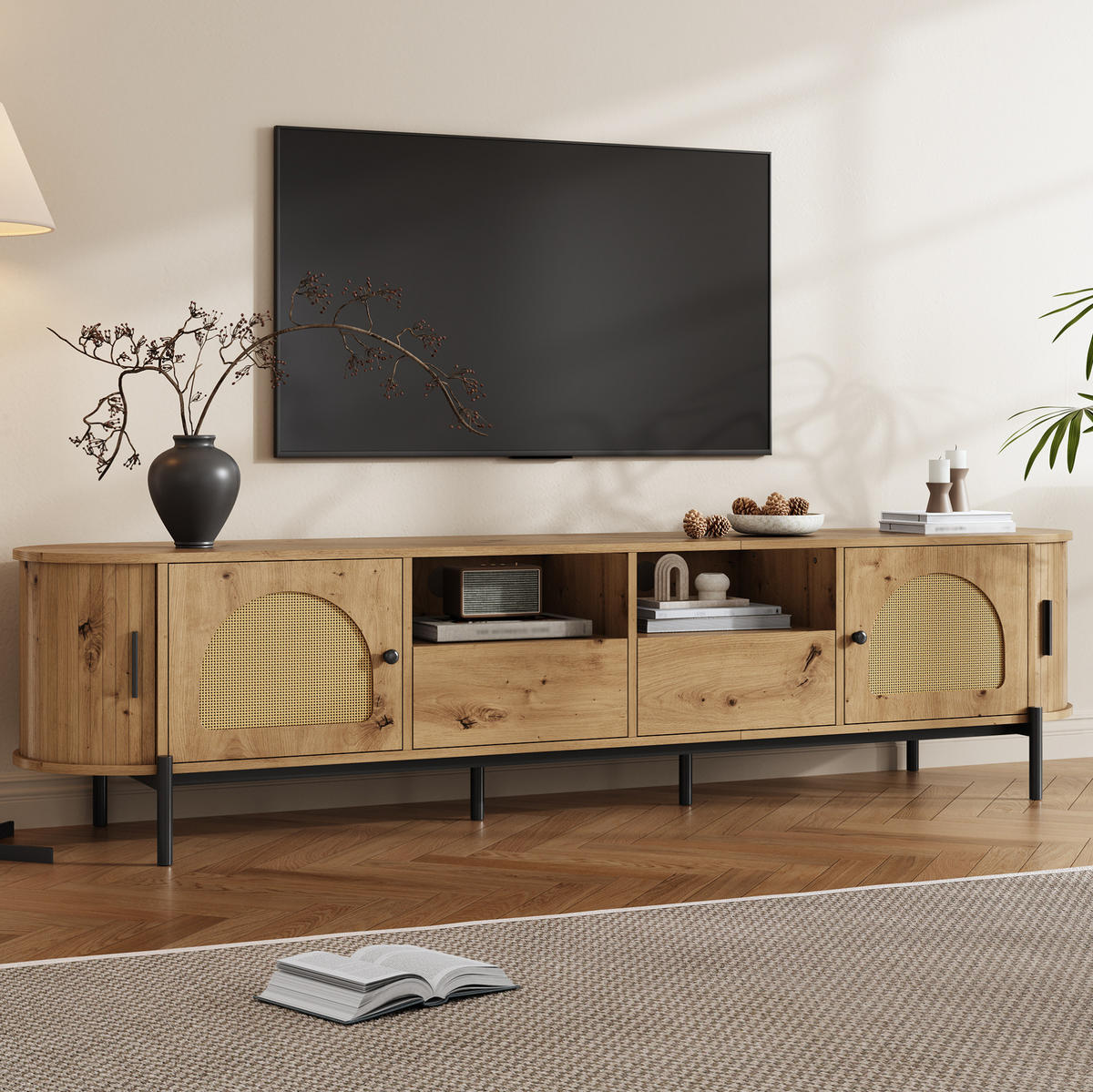 TV-SCHRANK oval 200 x 40 cm MDF in Holzoptik mit Rattan und Schiebetüren - Hellbraun, Holzwerkstoff (40/49.5/200cm) - Beauniv