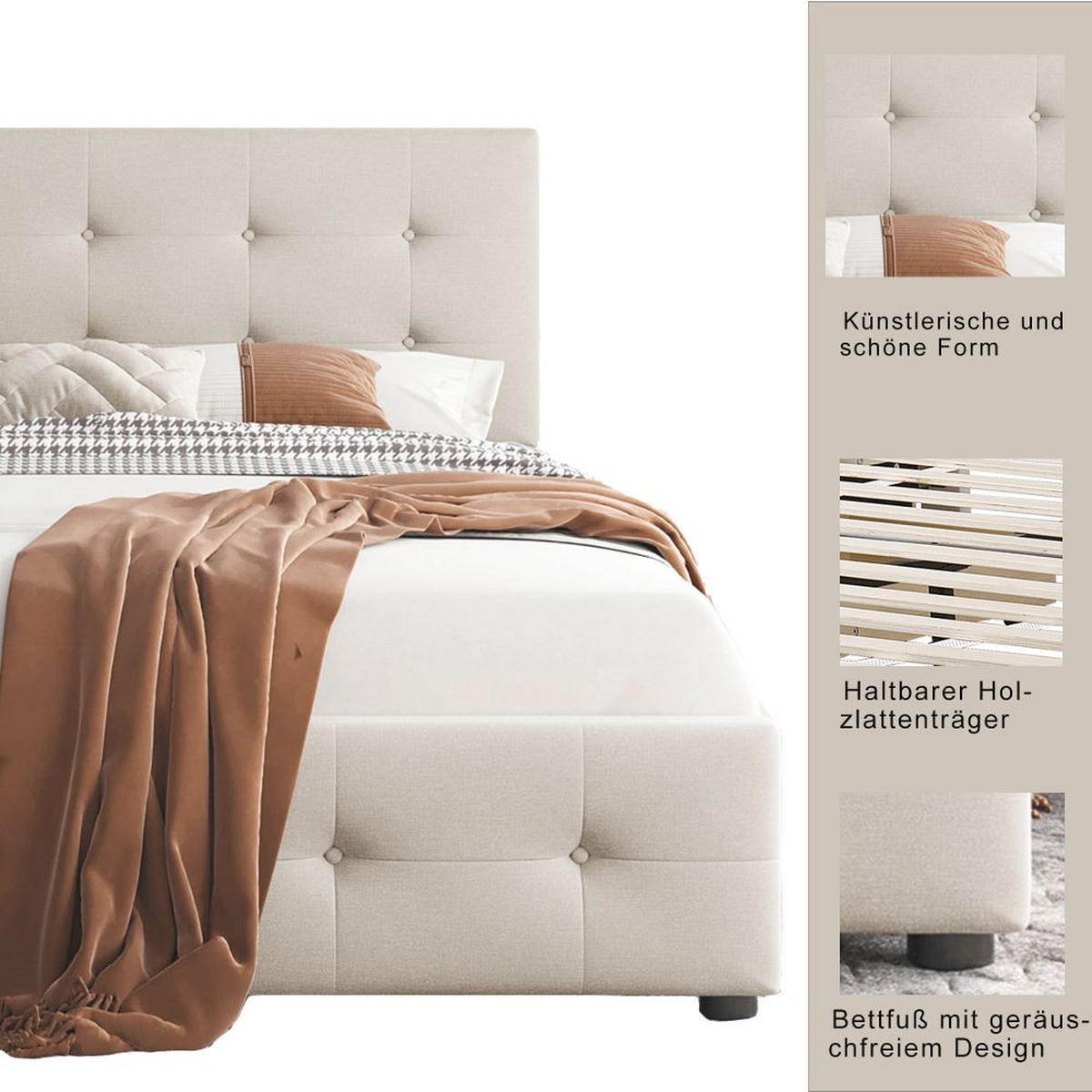 POLSTERBETT 140/200 cm in Samtstoff mit Schubladen - Beige, Holz/Textil (140/200cm) - KOMHTOM
