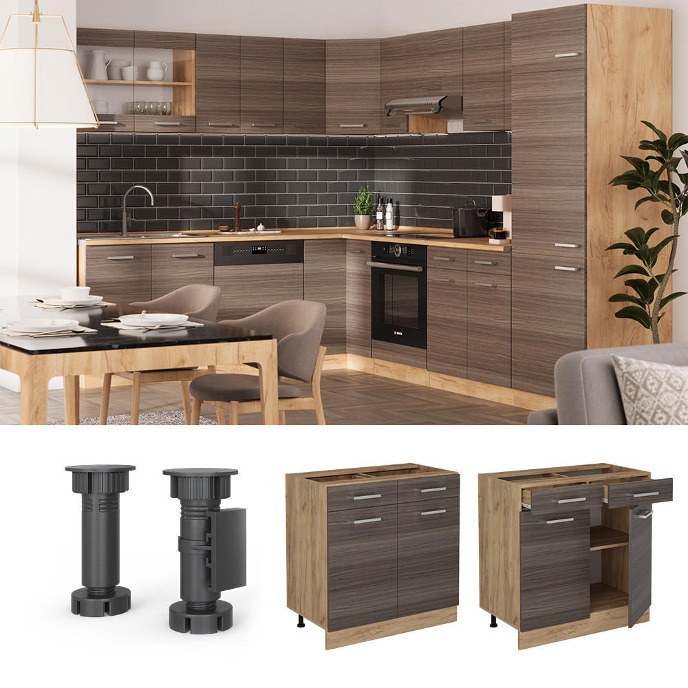 KÜCHENUNTERSCHRANK R-Line Edelgrau 80 cm , AP Eiche - Honigeiche/Eiche Wotan, Holzwerkstoff (80/81.6/60cm) - Vicco