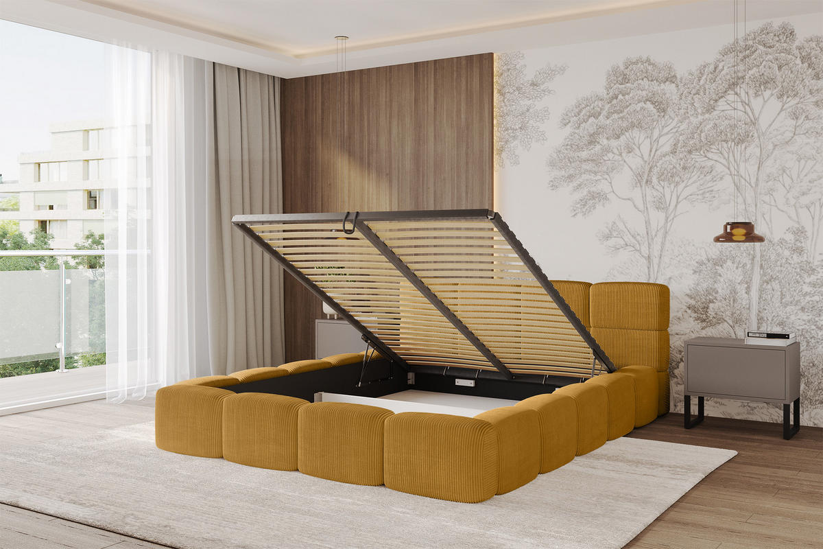 POLSTERBETT mit Bettkasten und Lattenrost, Bett mit Matratze H3/H4, Kopfteil, Boxbett, Doppelbett mit Stauraum - NATA-v1 200x200 Senfgelb - Kupferfarben, Holzwerkstoff/Textil (200/200cm) - ALTDECOR