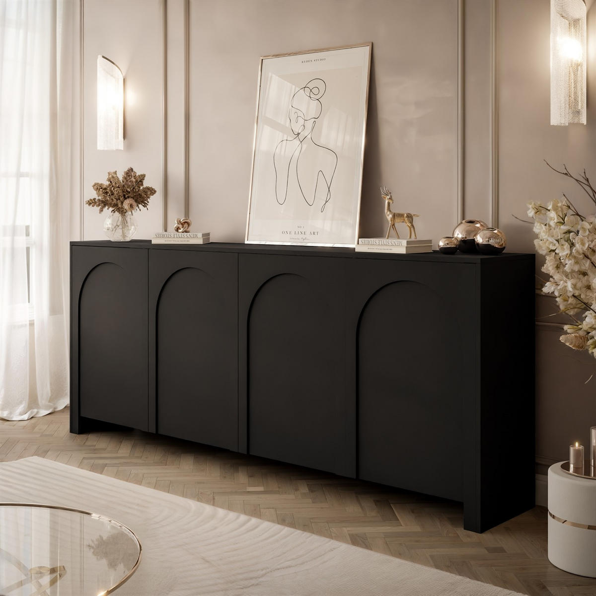 SIDEBOARD ARIADNA schwarz viertürig - Schwarz, Holzwerkstoff (204/83/35cm)