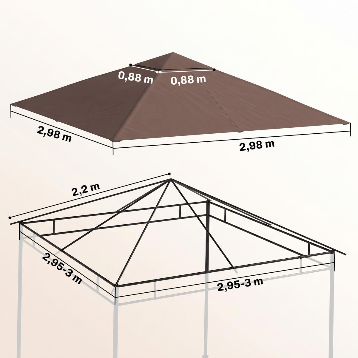 NÁHRADNÍ STŘECHA PRO PAVILON Kryt pavilonu Coffee 2,98 x 2,95 m - hnědá, plast (298/1/298cm) - Outsunny