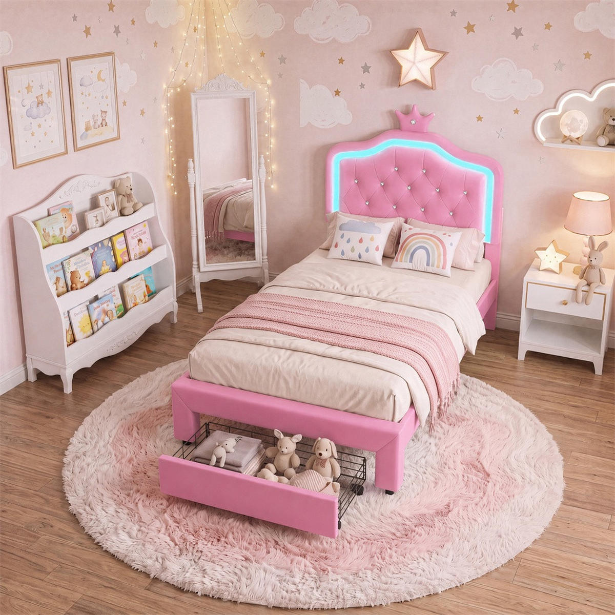 KINDERBETT 90 x 200 cm - höhenverstellbares Kopfteil mit LED-Beleuchtung und 1 Schublade - ohne Matratze - Rosa - Pink, Textil (90/200cm) - DELFA
