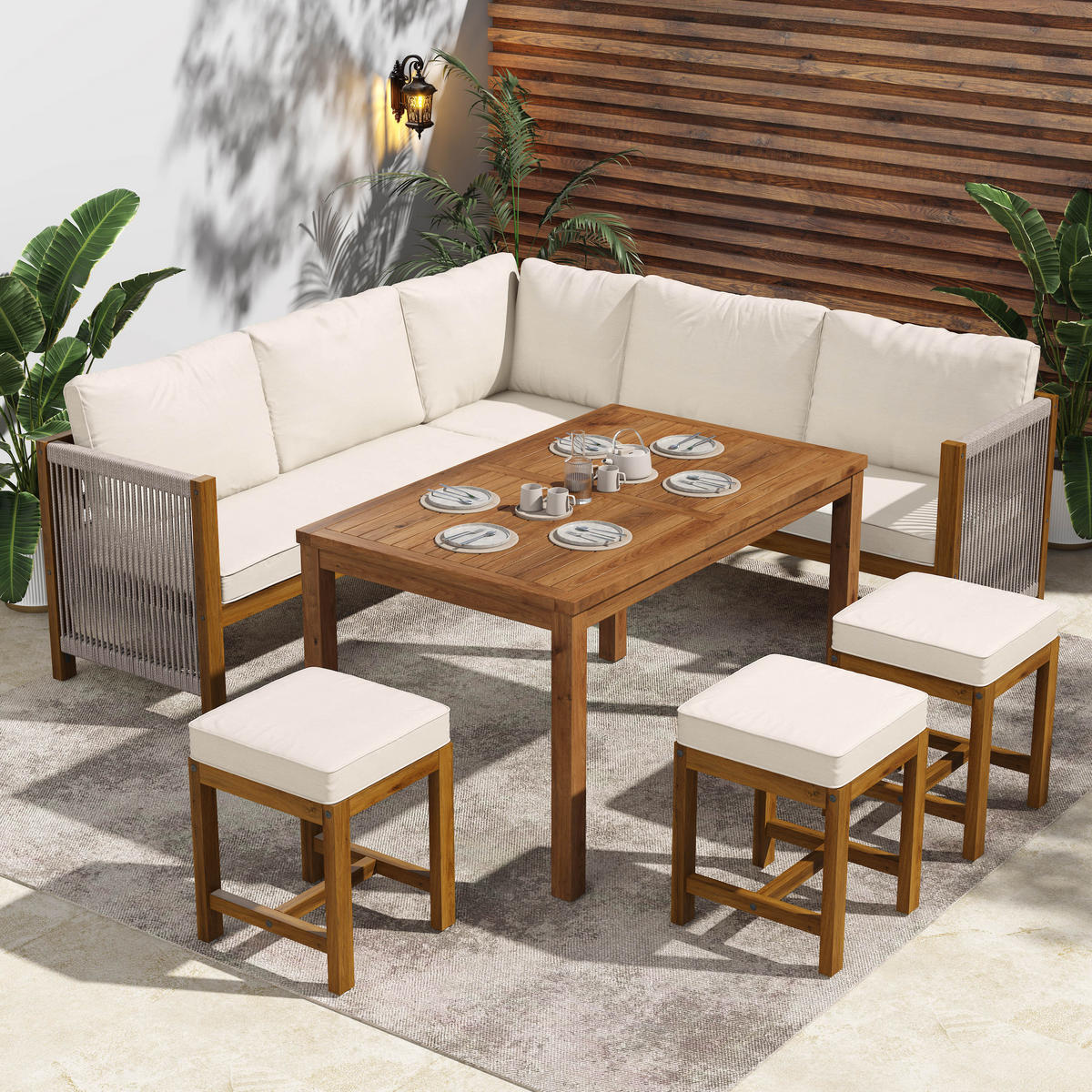 GARTENSET, 7-8 Personen, Polyrattan, Akazientisch, Beige/Natur - Multicolor, Textil - FLIEKS