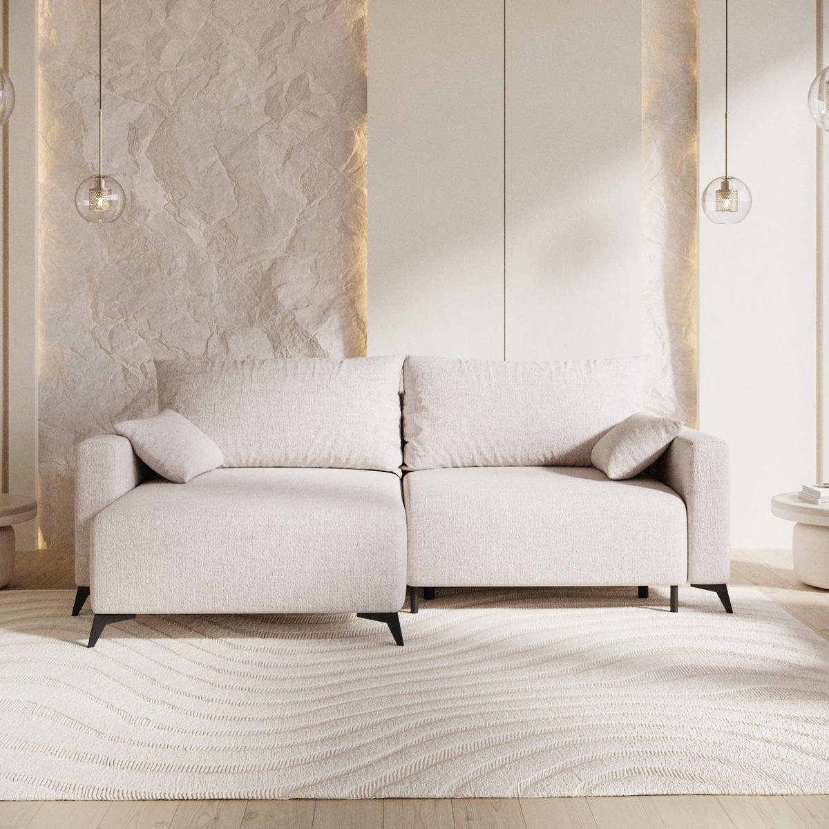 ECKSOFA NUVIO mit Schlaffunktion Hellbeige im Neve Stoff - Sandfarben/Schwarz, Holz/Holzwerkstoff (239/148cm) - AltaBeds