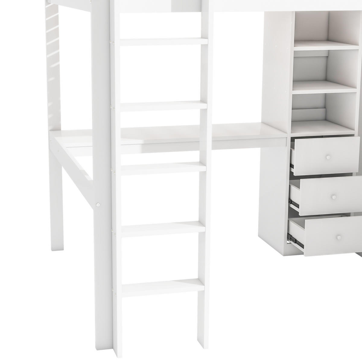 HOCHBETT aus Kiefer und MDF 140x200 cm Weiß mit Schreibtisch, Kleiderschrank, 3 Schubladen und Treppe - Weiß, Holzwerkstoff (90/190cm) - Modfu