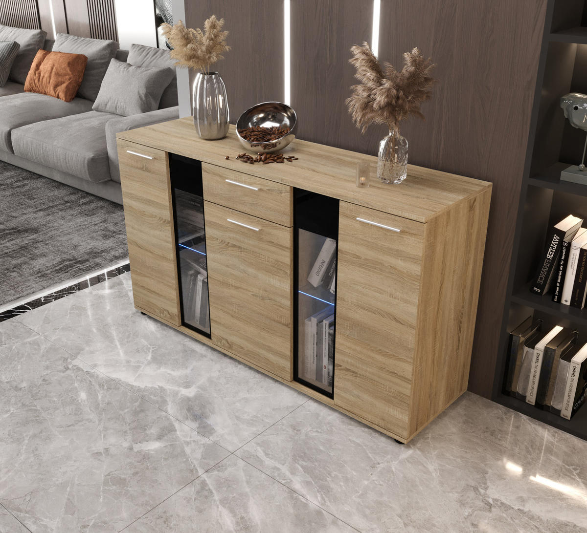 KOMMODE London LSK mit 3 Türen, Sideboard in Farbe: Hellbraun, Größe: 140 x 80 x 40 cm - Hellbraun, Holzwerkstoff (140/80/40cm) - O-Sofa