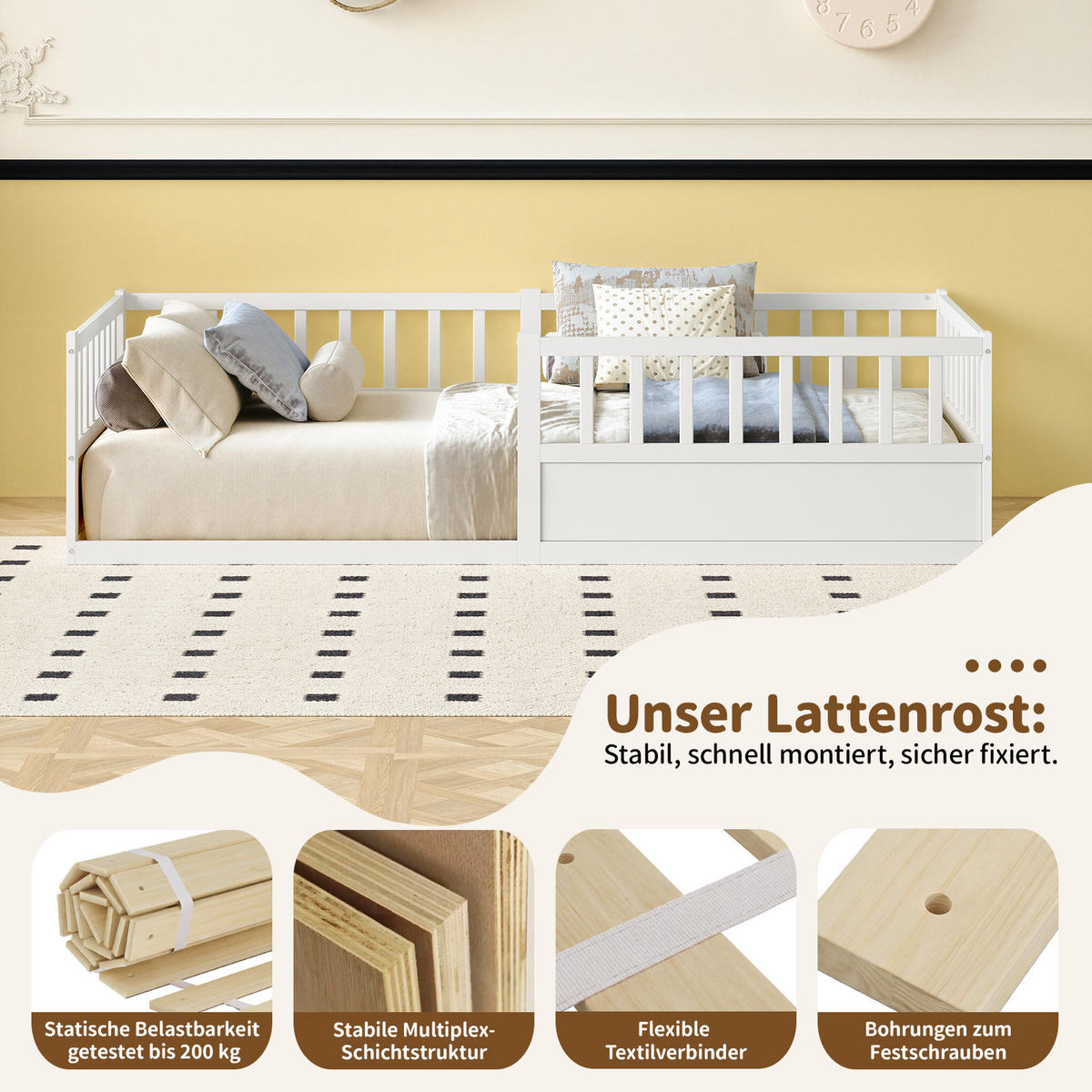 KINDERBETT 90/200 cm in Weiß aus Kiefer mit Rausfallschutz - Weiß, Holzwerkstoff/Metall (90/200cm) - WISHDOR