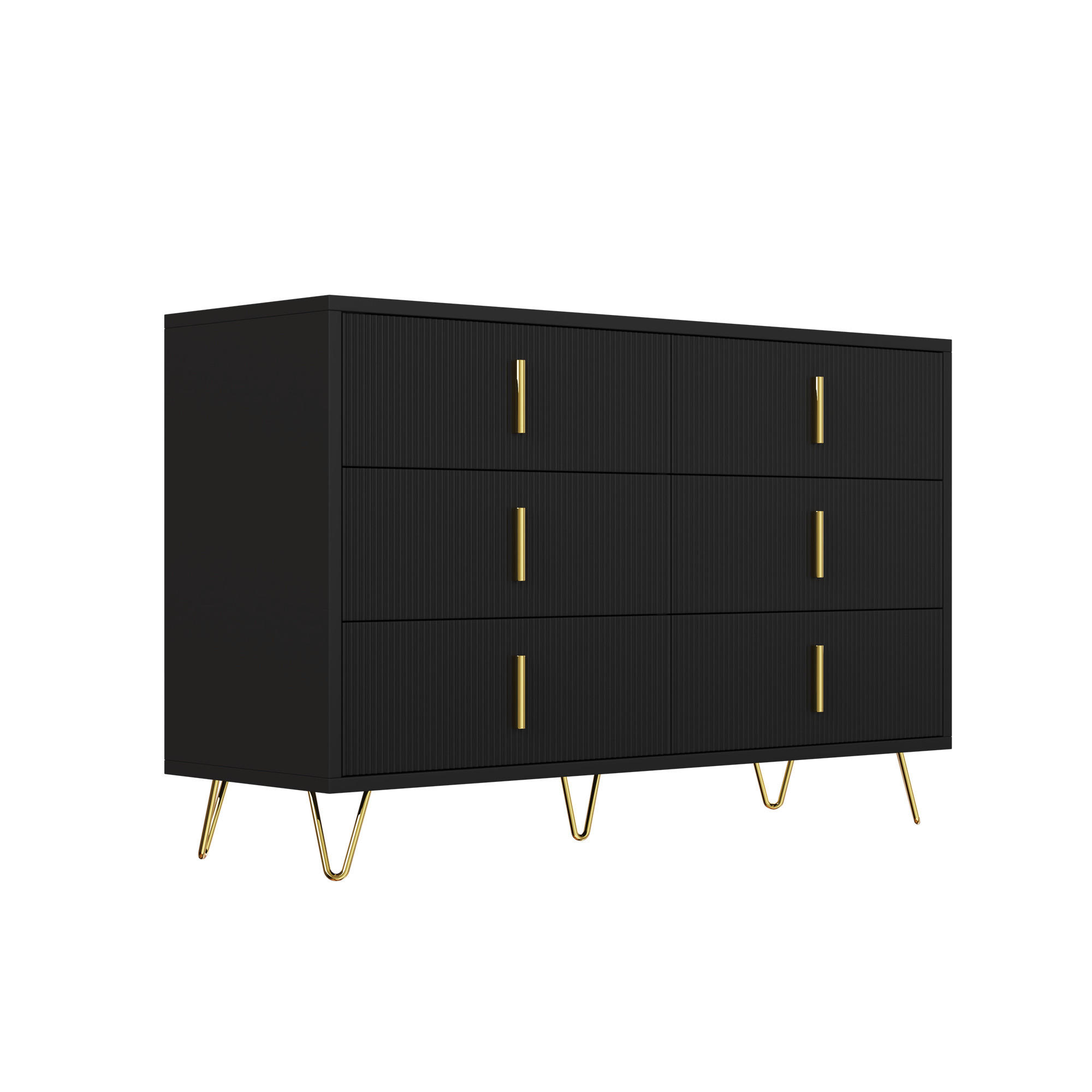 SIDEBOARD DE-38218 120/40/77 cm mit 6 Schubladen und goldenen Griffen Schwarz - Schwarz, Holzwerkstoff (120/77/40cm) - ComfortXL