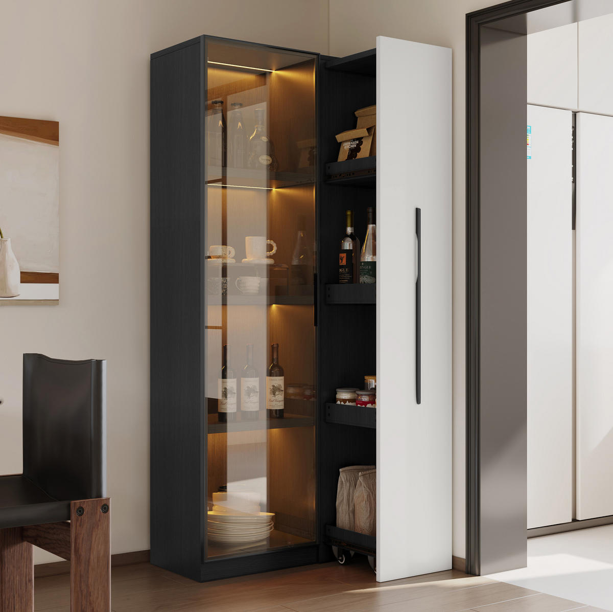HIGHBOARD 70/40/160 cm in Schwarz/Weiß mit LED-Beleuchtung und seitlichem Auszug - Schwarz, Holzwerkstoff (70/160/40cm) - Flora Grace