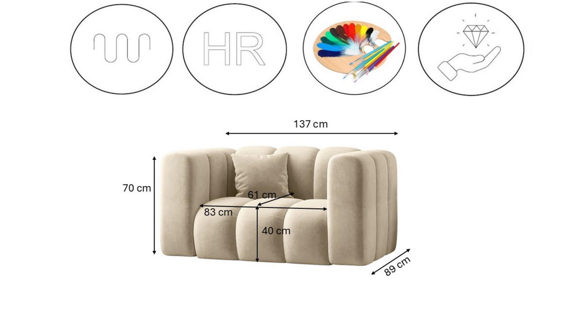 SESSEL, Sofa Grand modular stoff Salvador Hellbeige - Creme, Holz (137/70/89cm) - Kaiser Möbel