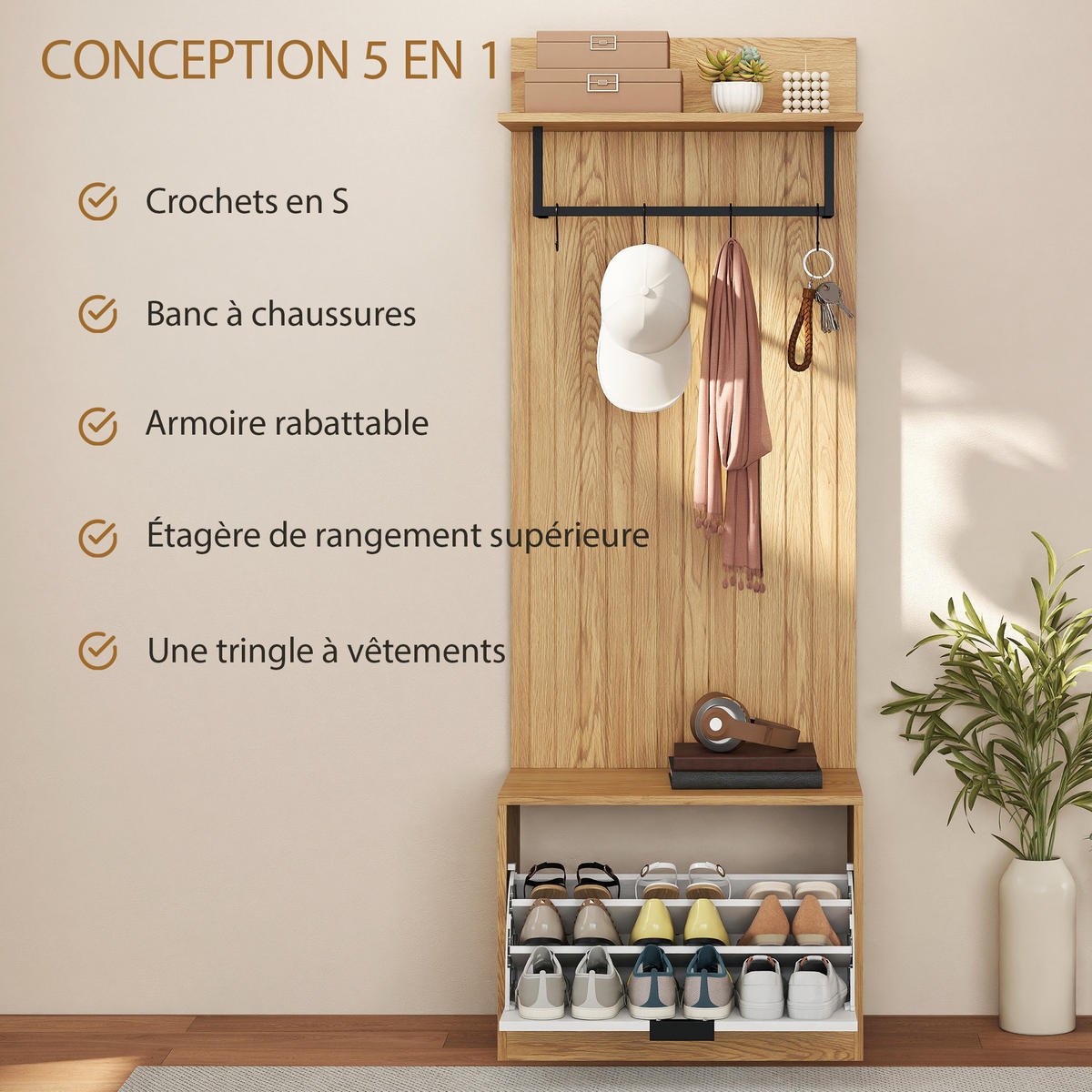 GARDEROBE DE-17895 5-in-1 mit klappbarer Schuhbank Eiche - Eichefarben, Holzwerkstoff (30/170/60cm) - ComfortXL