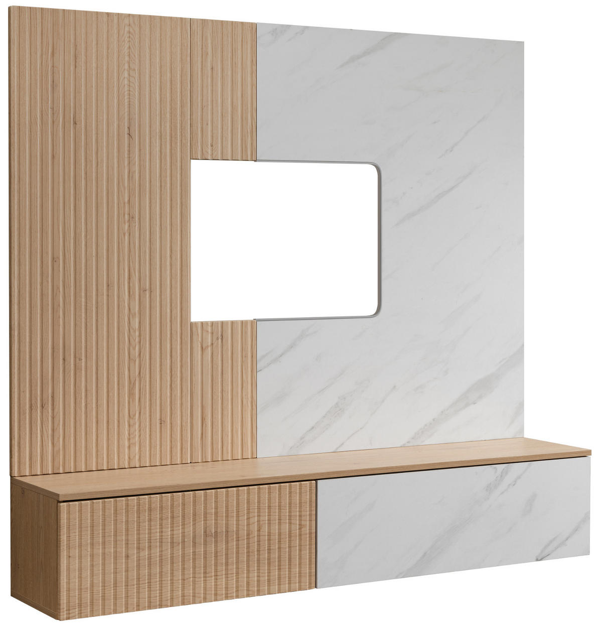 TV-LOWBOARD Cremona Eiche, Marmor weiß 160 cm hängend, TV Unterschrank Set mit Wandpaneel - Eichefarben/Weiß, Holzwerkstoff (160/148/35cm) - Inn.Furn