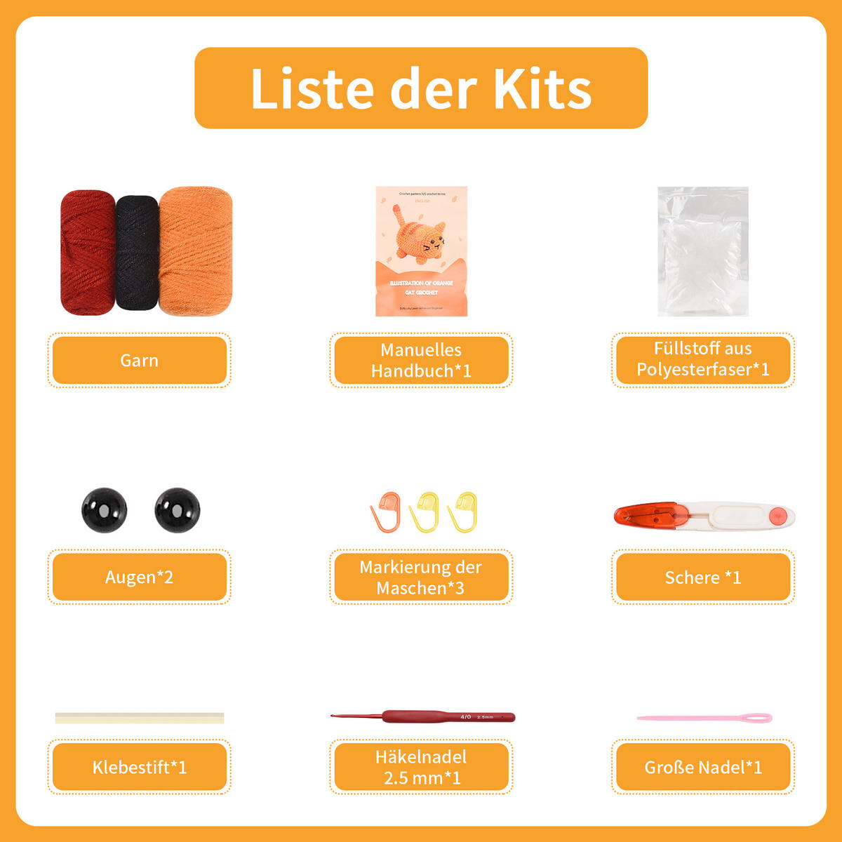 KOMPLET za kvačkanje oranžno črtaste mačke, komplet za začetnike z navodili za kvačkanje, komplet za kvačkanje za otroke in odrasle - oranžna, tekstil (1/1/1cm)