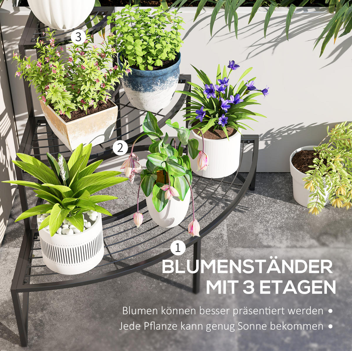 BLUMENSTÄNDER 87/60/60 cm, 3-stufiges Eckdesign aus Metall für Innen und Außen, Schwarz - Schwarz, Metall (60/60/87cm) - Redom