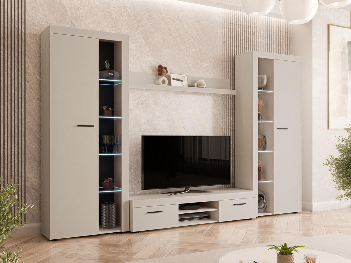 WOHNWAND Rumba XL mit LED Beleuchtung - Sandfarben, Holzwerkstoff (300/190/40cm) - MIRJAN24