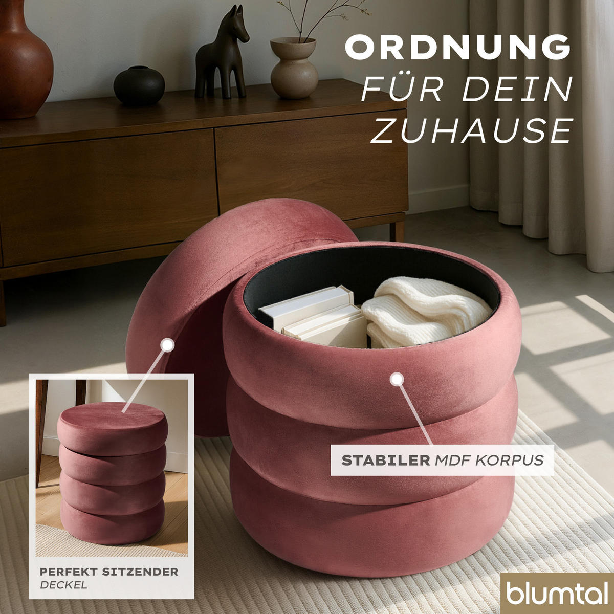 SAMTHOCKER mit Stauraum Rund – Samt Pouf Rosa (42x42x47 cm) - Rosa, Textil (42/47/42cm) - Blumtal