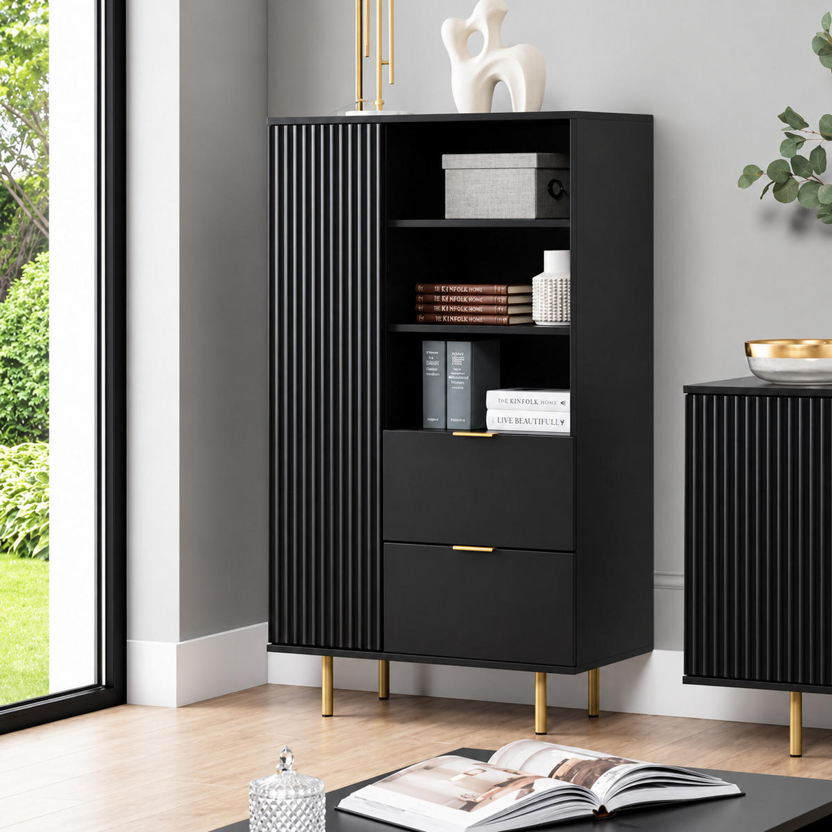 BÜCHERREGAL Nubia R1D2SZ Schwarz - Goldfarben/Schwarz, Holzwerkstoff/Metall (80/140/41cm) - Ravio