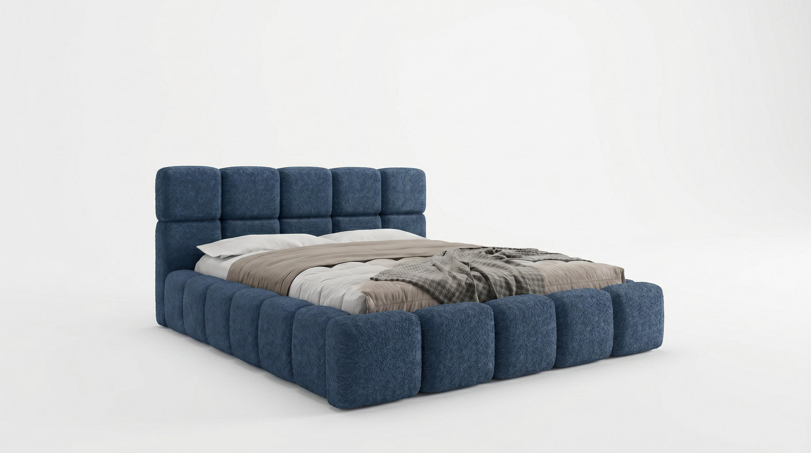 POLSTERBETT LOMBA 140x200 cm mit Bettkasten und Metall-Lattenrost – Bouclé Stoff Coral Dunkelblau - Dunkelblau, Textil (140/200cm) - Luxkor24