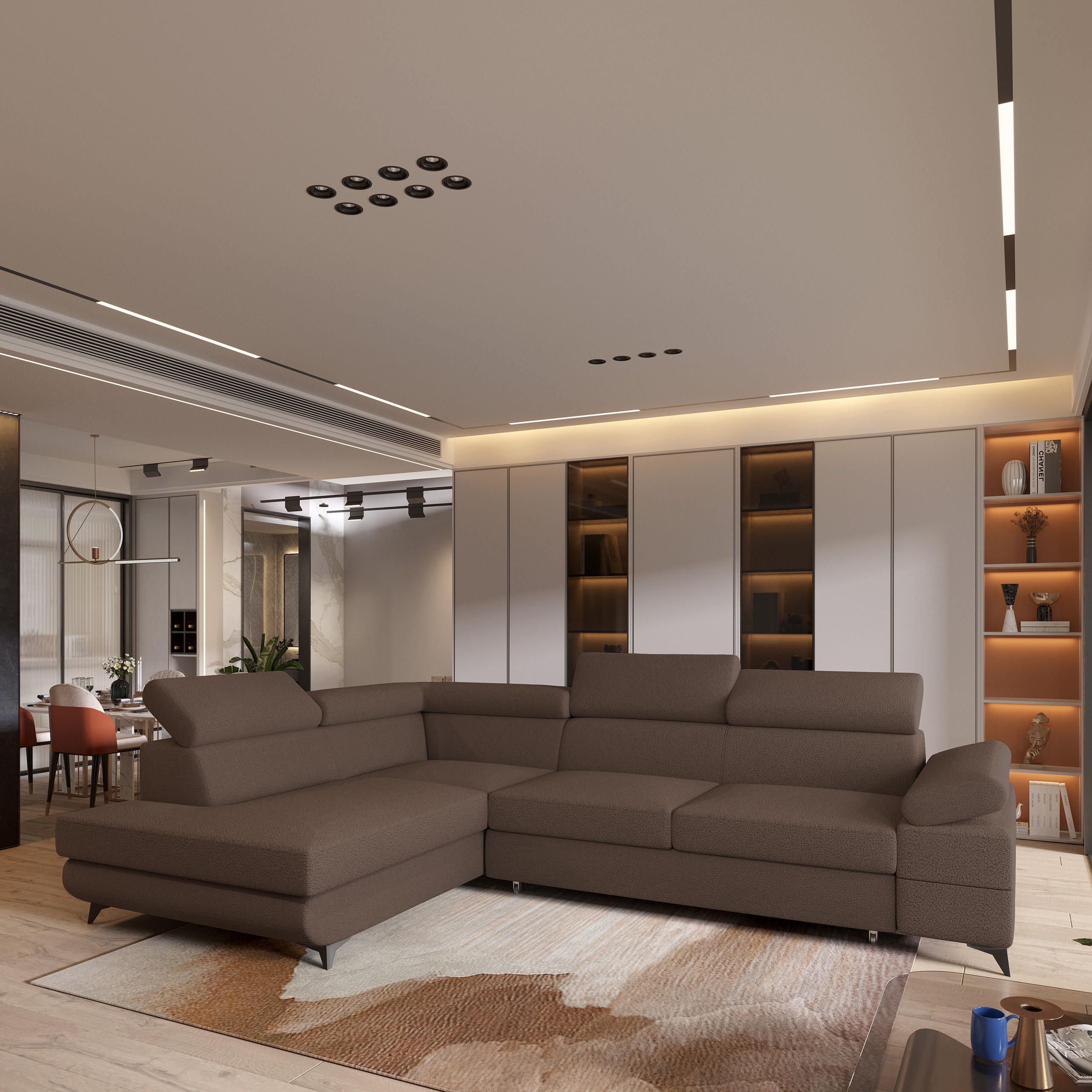 ECKSOFA FAVIEN L-S Braun Boucle-Stoff mit Schlaffunktion - Braun, Holz (257/190cm) - MASSENO