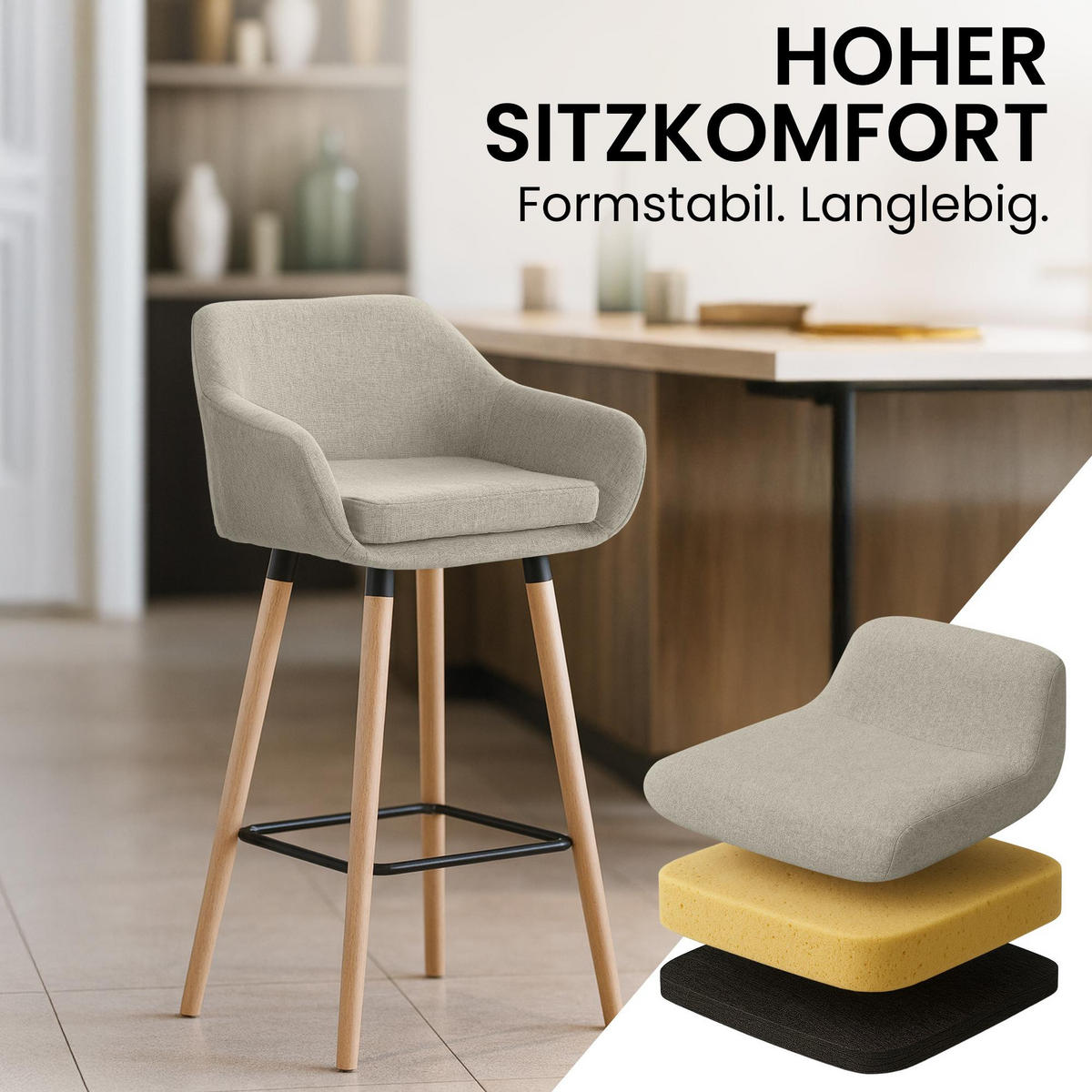 BARHOCKER 2er Set Stoff Creme - Eukalyptusholzfarben/Creme, Holz/Textil (55/99/46cm) - CLP