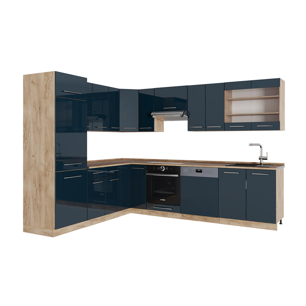 ECKKÜCHE Fame-Line Dunkelblau Hochglanz/Goldkraft Eiche 227 x 287 cm AP Eiche - Eiche Wotan/Dunkelblau, Holzwerkstoff (287/81.6/60cm) - Vicco
