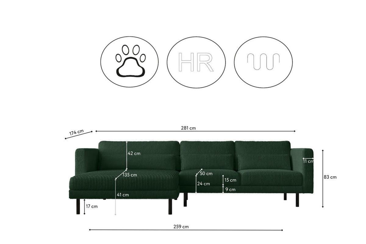 ECKSOFA L-form Dani Stoff Poso Grün Links - Grün, Holz (281/174cm) - Kaiser Möbel