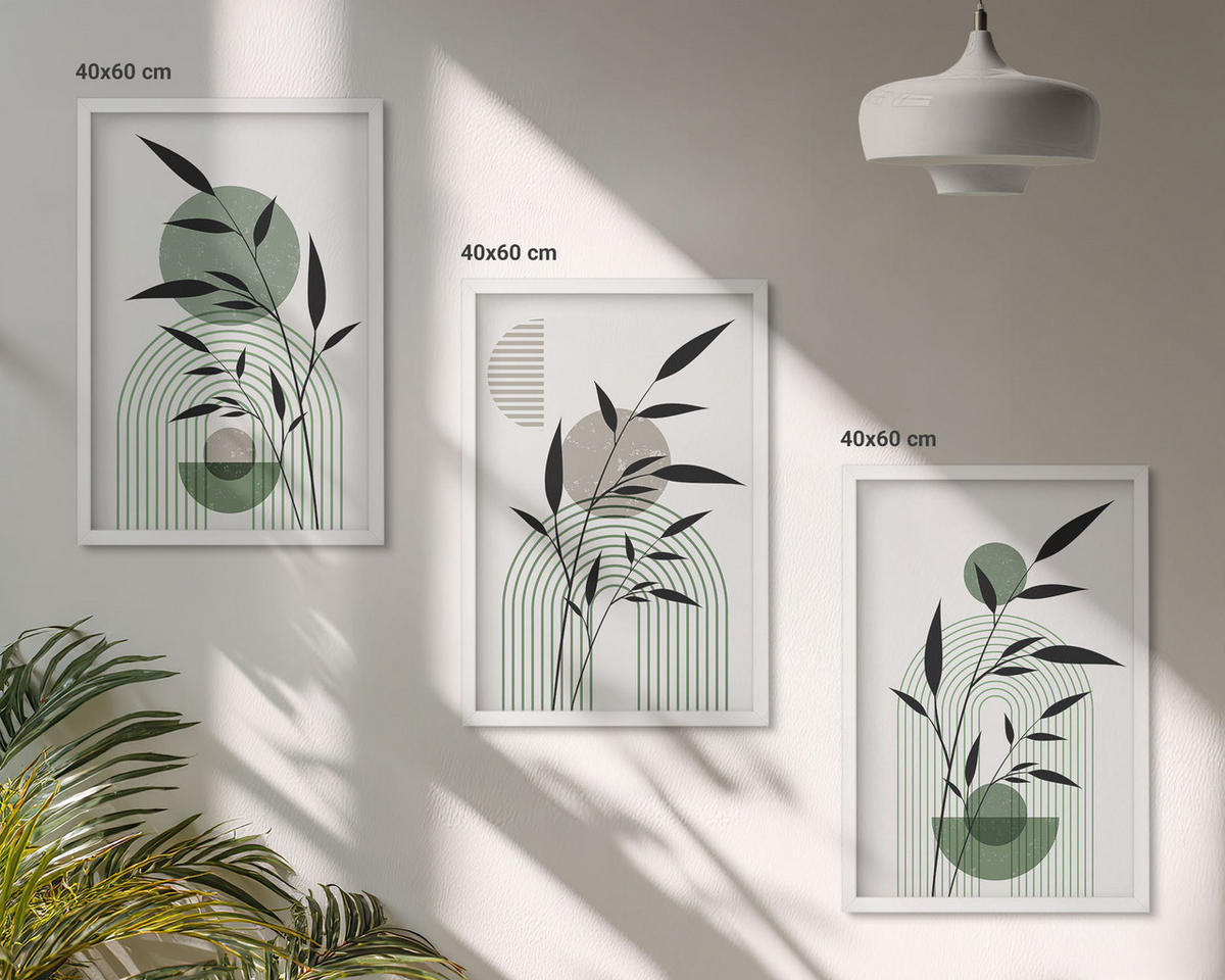 WANDBILDER 3er-Set - 40x60 cm Weißer Rahmen - Boho-Pflanzenkompositionen - Weiß, Kunststoff (40/60cm) - ArtPrintCave