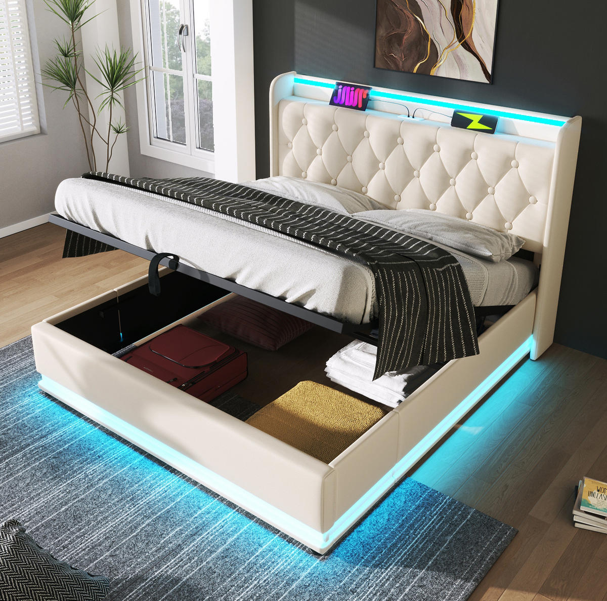 POLSTERBETT mit LED-Beleuchtung 140/200 cm in Weiß mit Bettkasten & USB-C - Weiß, Kunststoff (140/200cm) - BEAOK