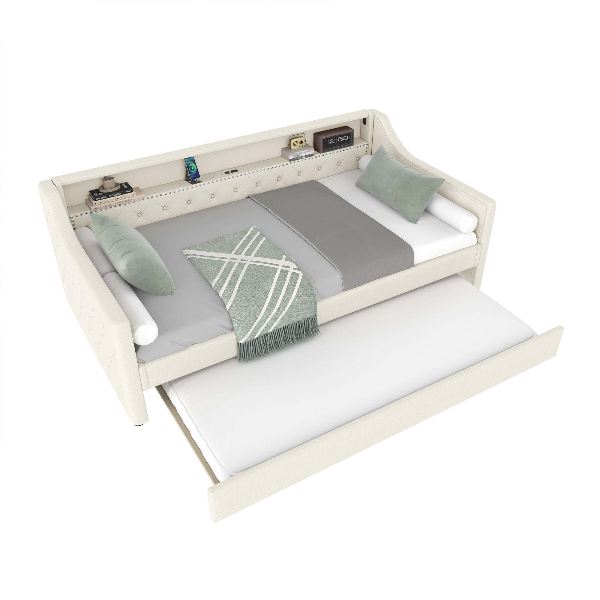 TAGESBETT 90/200 cm Beige mit LED-Beleuchtung und USB-Anschluss aus Leinen - Beige, Textil (90/200cm) - OKWISH