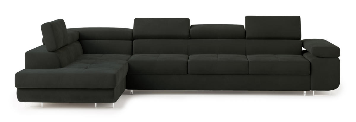 ECKSOFA VICENTE Schwarz Velours-Stoff mit Schlaffunktion - Schwarz, Holz (346/202cm) - MASSENO