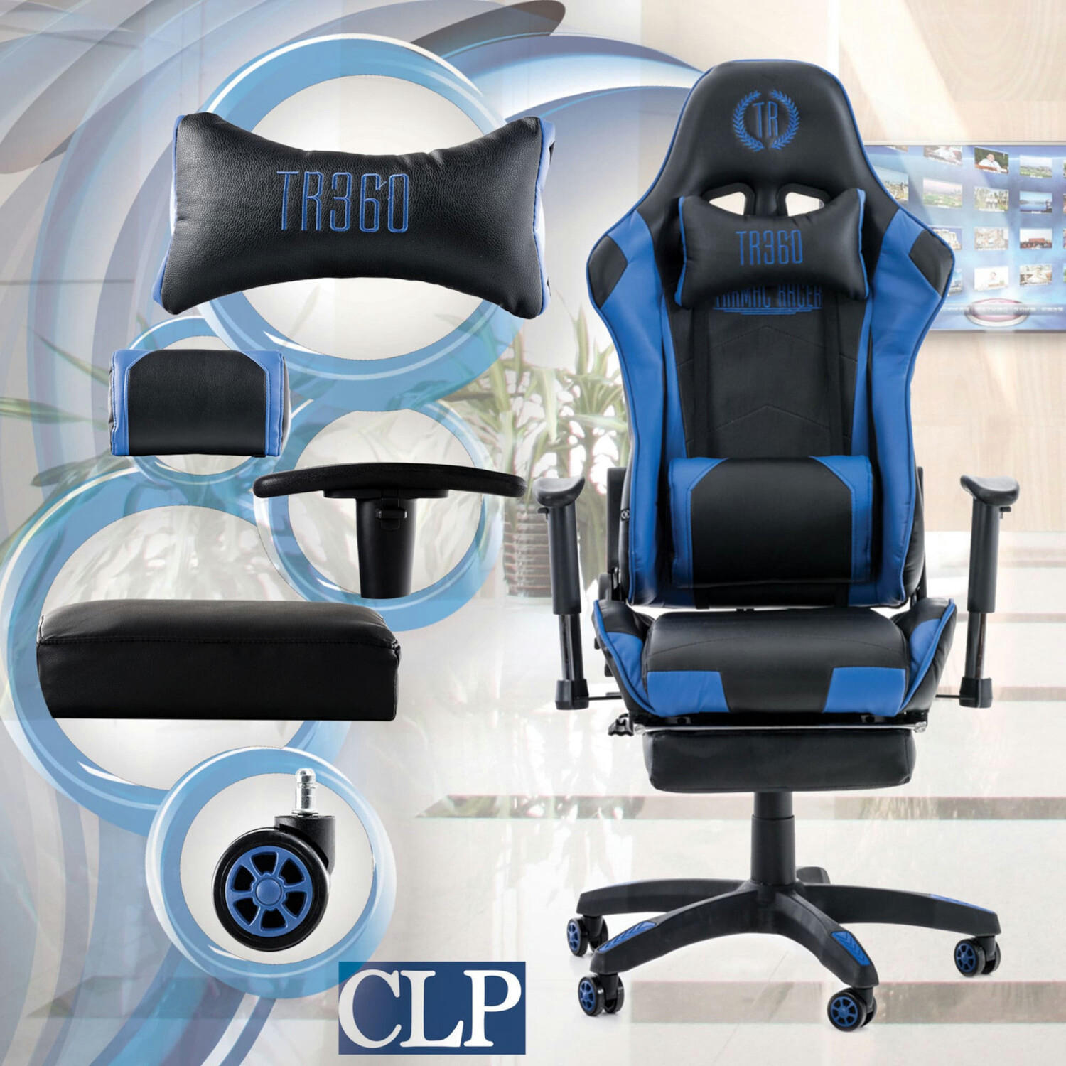 BÜROSTUHL Racing Turbine mit Fußablage, Schwarz/Blau - Blau, Kunststoff/Textil (67/142/58cm) - TPFLiving